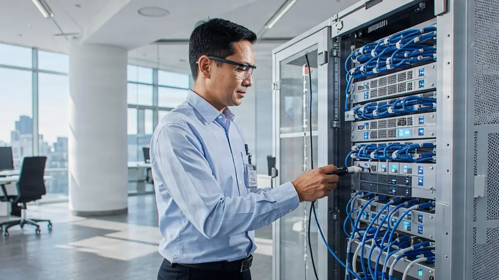 Técnico informático realizando soporte presencial en oficina corporativa